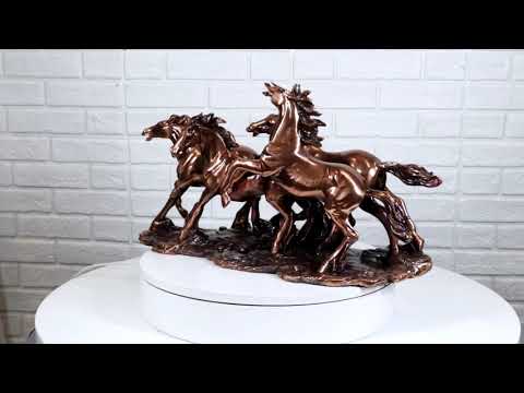 Large 17"L Rustic Western Wild And Free 4 Running Horses Bronzed Resin Statue