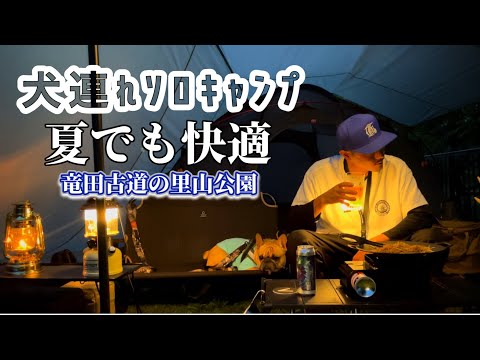 【夏でも快適キャンプ】犬連れソロキャンプ(竜田古道の里山公園)