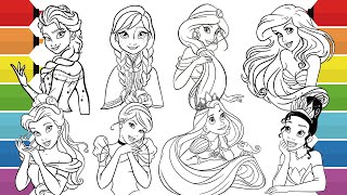 Disney Princess Coloring Pages | Ariel, Jasmine, Rapunzel, Cinderella, Belle, Tiana, Elsa & Anna