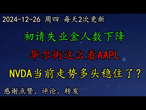 美股 初请失业金人数下降，怎么看？华尔街这么看AAPL2025年的股价。NVDA当前走势多头稳住了？TSLA高位停顿，需提高警惕！AVGO怎么看，如何预期？SOXL？