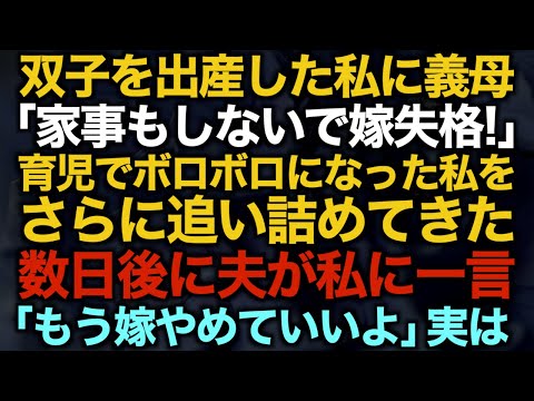 【スカッとする話】双子を出産した私に義母「家事もしないで嫁失格！」育児でボロボロになった私をさらに追い詰めてきた…数日後に夫が私に一言「もう嫁やめていいよ」実は【修羅場】