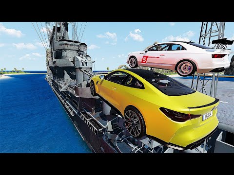 Audi VS Bmw 100 Mega Container Jump Aircraft WarShip Parkour - Speed Car Crash - BeamNG Drive