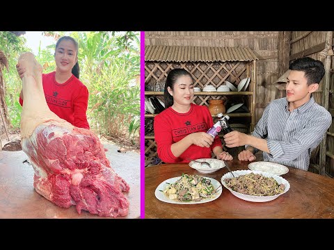 Brother and Sister cook big beef leg with country style - Amazing cooking