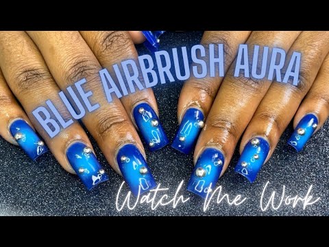 Watch Me Work: Blue AIRBRUSH Aura Nails | First Time Doing Trendy Airbrush Design