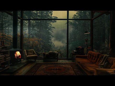 Forest Room With Fireplace, Outside Rain and Thunder Sounds To Relax, Sleep | Dimmed Screen 12 Hrs