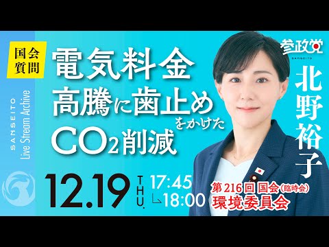 電気料金高騰に歯止めをかけたCO2削減　衆議院議員 北野裕子 国会質疑 令和6年12月19日 参政党