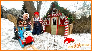 Christmas toy delivery on backyard railroad with kids ride on train. Educational | Kid Crew