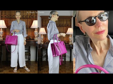 Timeless Resort Style: Ralph Lauren Collection Pink Tote, Striped Button Up Shirt, Linen Pants OOTD