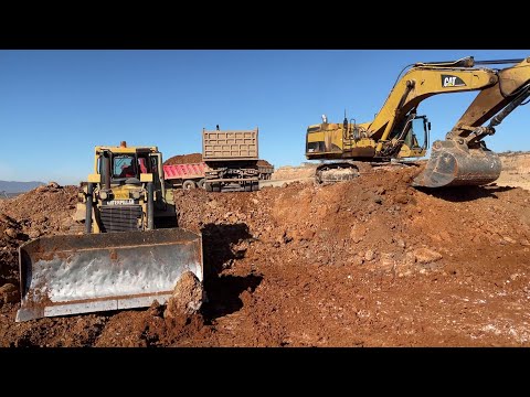 Caterpillar 365C Excavator Loading 4 Axle Mercedes & MAN Trucks With Of The Caterpillar D6R Dozer