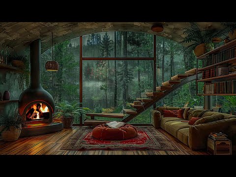 Cozy Reading Room with Fireplace and Rain on Window | Relaxing Sound for Sleeping, Studying, Healing