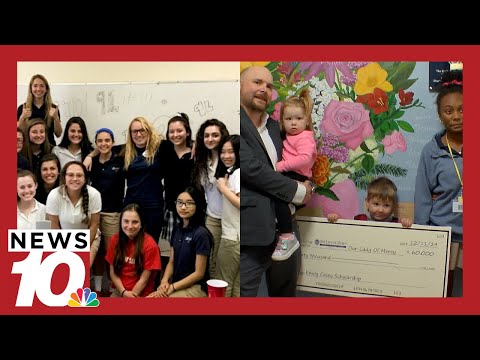 Husband of late Mercy teacher presents $60,000 check for memorial scholarship