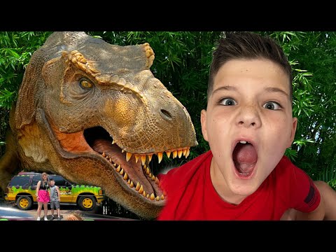 GiANT DINOSAUR ADVENTURE at JURASSIC WORLD DINO PLAYGROUND PARK FOR KIDS! CALEB PETS a T-REX