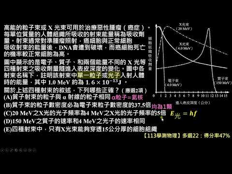 【113學測物理】22、23多選：以高能粒子束／X光束治療癌細胞