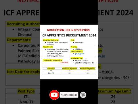 ICF Apprentice Recruitment 2024 | Secure Your Future with Indian Railways | often updates #icf