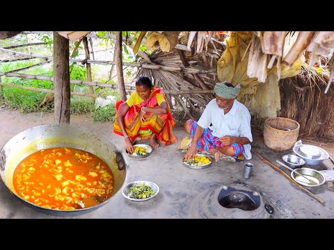 potato curry with mutton and pui shak recipe cooking & eating by our santali grand maa