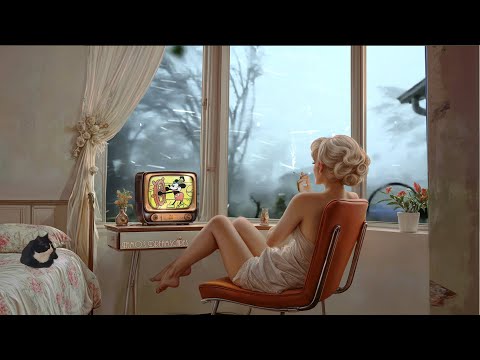 1950's watching vintage TV on a stormy day w/ nostalgic oldies music playing in another room