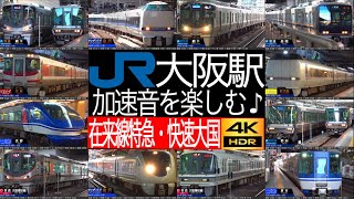 4K / JR西日本 大阪駅 北陸・鳥取・城崎方面の特急、姫路・敦賀・米原・京都・神戸・奈良・和歌山・関西空港・篠山口方面の新快速・快速・普通大国！！ 加速音を楽しむ [徹底紹介 / 列車情報付き]