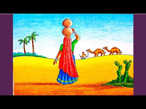 How to draw desert scenery step by step/Desert scene drawing colour