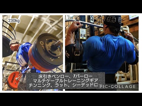 背中トレーニング。床引きベンロー230kg、Tバーロー、マルチケーブルトレーニングギアにてチンニング、ラット、シーデッドローなど。