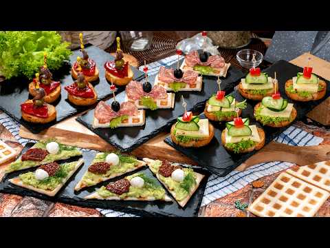 Bread waffles and Spanish pinchos - Fancy snacks for a party at home