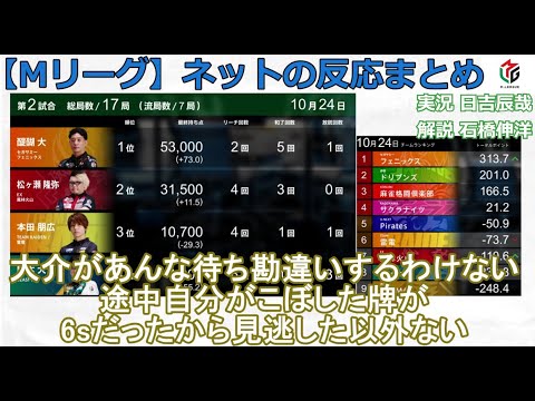 【Mリーグ】2024/10/24 ネット上のみんなの反応まとめ 麻雀 感想