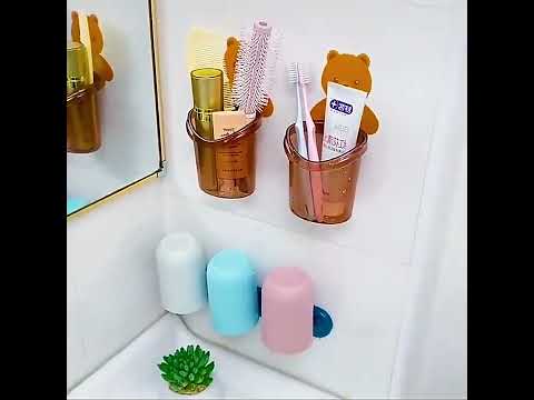 [Little B House] Self Adhesive Cute Bear Toothbrush Holder Storage Cup Bathroom Organizer 牙刷置物架-HL45