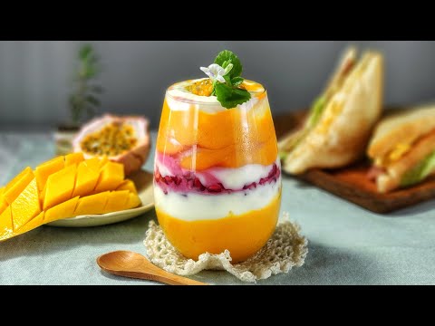 Layered Tropical Fruits Smoothie (Mango, Passion Fruit, Pomegranate) - Healthy Fruity Smoothie