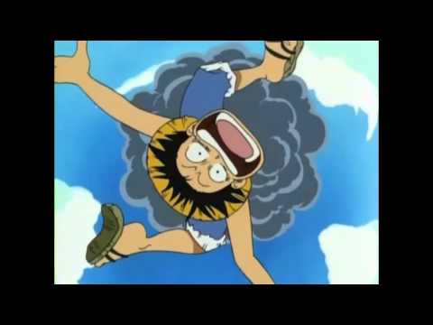 Buggy shoots Luffy down from the bird