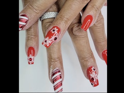 Red Candy Cane and Snowflake Nails| Clear Jelly Stamping