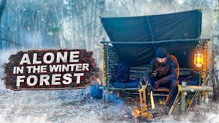 Winter Bushcraft Cabin, Life Off Grid, Solo Survival Camping, Campfire