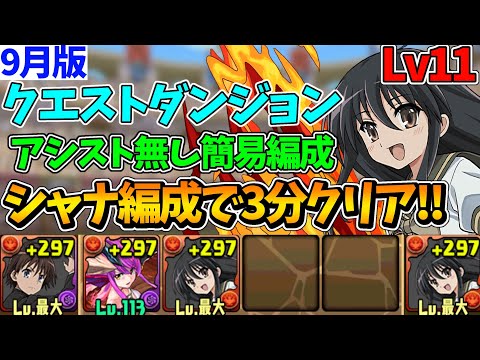 【9月クエストLv11】アシスト無し!! シャナ編成で3分クリア!!立ち回り&代用解説！【パズドラ】【クエストダンジョン11】【チャレダン11】【クエダン11】