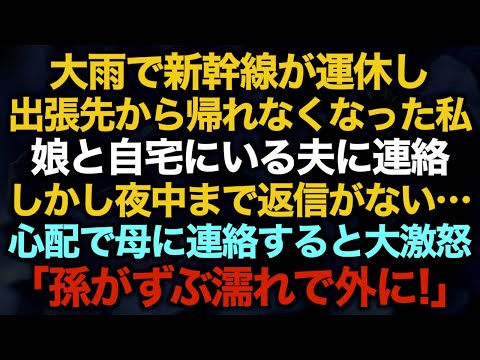 【スカッとする話】大雨で新幹線が運休し出張先から帰れなくなった私　娘と自宅にいる夫に連絡しかし夜中まで返信がない…心配で母に連絡すると大激怒「孫がずぶ濡れで外に！」【修羅場】