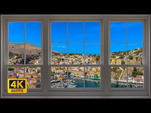 4K coastal town Symi, on an island north of Rhodes in Greece window view - Relaxing, Calm, Ambience