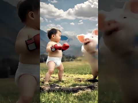 Cute baby and pig boxing, it’s so funny! So cute that it explodes. Cute baby. I laugh every time I