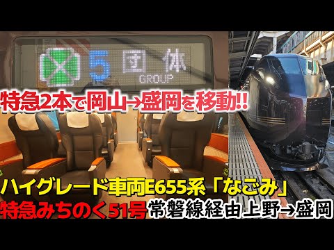 岡山➔盛岡を特急2本で移動！ハイグレード車両E655系「なごみ」常磐線経由上野➔盛岡