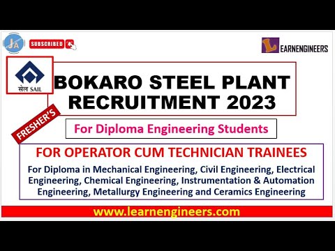 BOKARO STEEL PLANT (SAIL) OPERATOR CUM TECHNICIAN TRAINEES RECRUITMENT - 2023 FOR DIPLOMA  STUDENTS