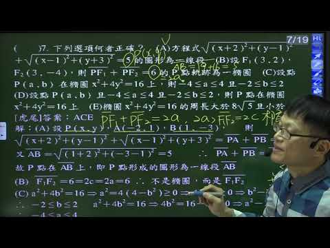 B4--4-2--練習卷--多選7---給定類似橢圓定義型方程式問是否為一線段，給橢圓方程式求x、y的範圍，問橢圓周長是否介於已知範圍內