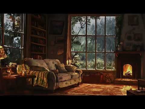 Cozy Living Room Ambience | Rain, Fireplace, and Jazz Piano for Sleep | BetterSleep