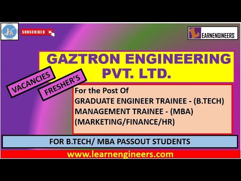 GAZTRON ENGINEERING PVT. LTD. GRADUATE ENGINEER AND MANAGEMENT TRAINEE VACANCIES || BTECH || MBA ||