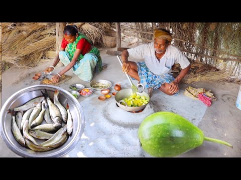 Small Fish Curry with Bottle gourd recipe cooking and eating by santali tribe old couple