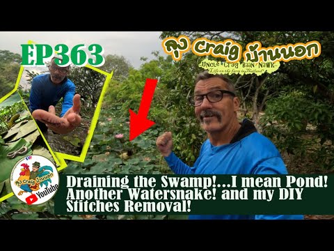 EP363 Draining the Swamp...I mean Pond! Another Watersnake! and my DIY Stiches Removal!