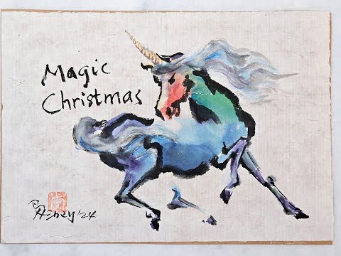 Painting and Dry-Mounting a Magic Christmas Unicorn Greeting Card with Henry Li