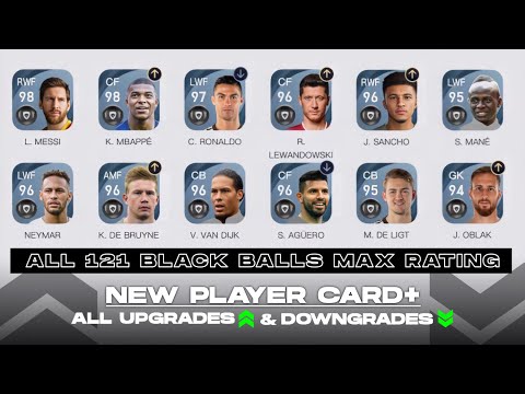 PES 2021 MOBILE ALL 121 BLACK BALL MAX RATING + UPGRADES⬆️ & DEGRADES⬇️ WITH NEW PLAYER CARD