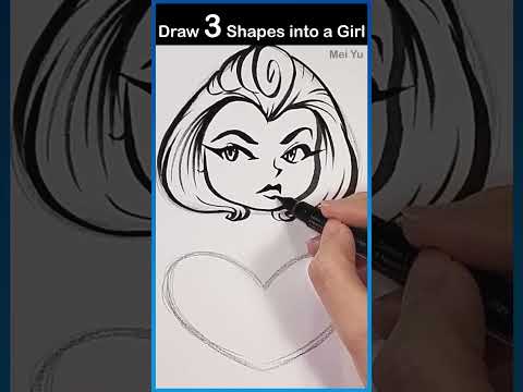 Draw 3 Shapes into a Girl Art Challenge #artshorts #meiyu #drawingshorts