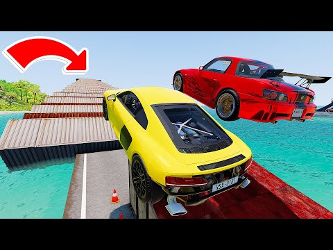 Super Cars Vs 100 Mega Container Jump Parkour - Speed Car Crash - BeamNG Drive #3