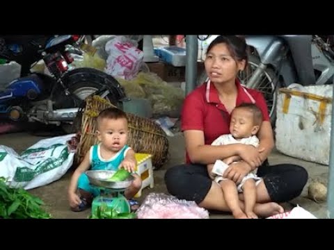 Single mother picks bamboo shoots - picks lemons to sell at the market - breaks corn to dry.