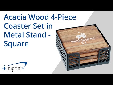 Acacia Wood 4 Piece Coaster Set in Metal Stand by 4imprint