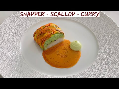 Fine Dining Fish Curry Recipe with Snapper, Scallop Mousse, Zucchini Flowers & Dill Emulsion