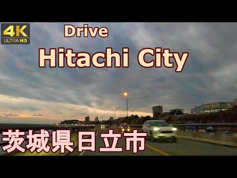 4K drive front car window video - Hitachi City, Ibaraki, Japan (at dusk)