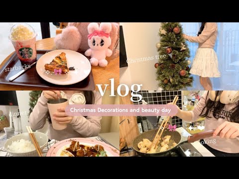 vlog | ピンク好き社会人のプチ美容dayとクリスマスツリーを飾り付けする休日vlog🎄🎀スタバ/マインド/料理